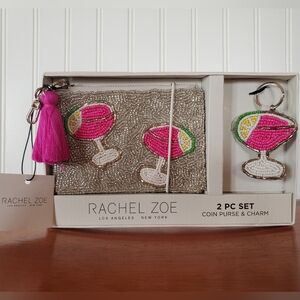 Rachel Zoe Silver Pink Margarita Beaded Coin Purse and Charm Set NWT